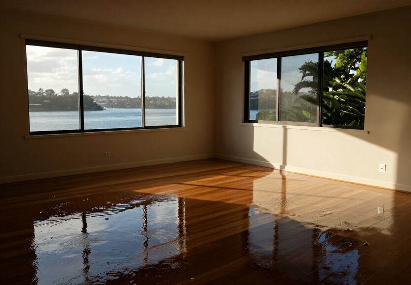 Water-damaged living room in Clarendon with soaked carpet and peeling paint
